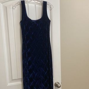 Formal navy blue velour floor length dress with slits on lower back